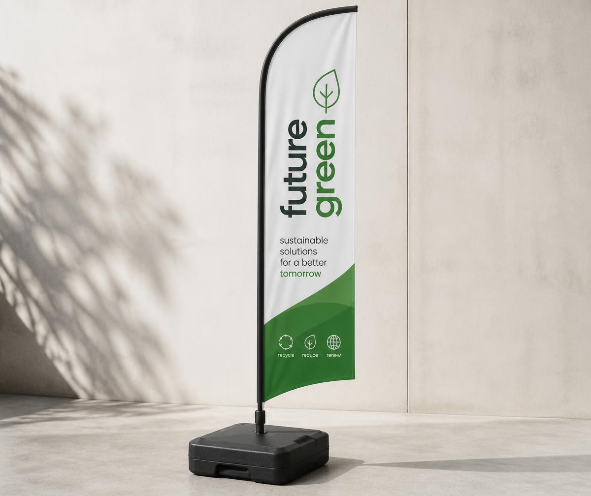 Eco Base preta em material reciclado sustentando um wind banner moderno